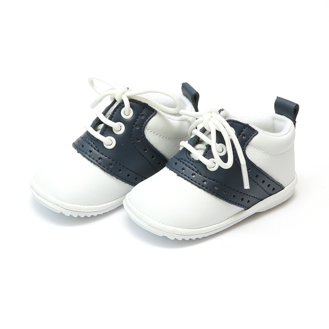 navy and white leather baby boys saddle oxford lace-up boots from L'Amour Shoes, available at Threadfare