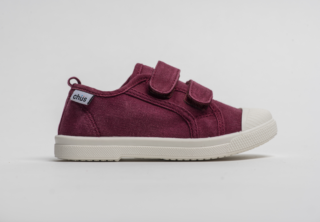 Distressed maroon canvas sneakers with double velcro straps. Chus Shoes.