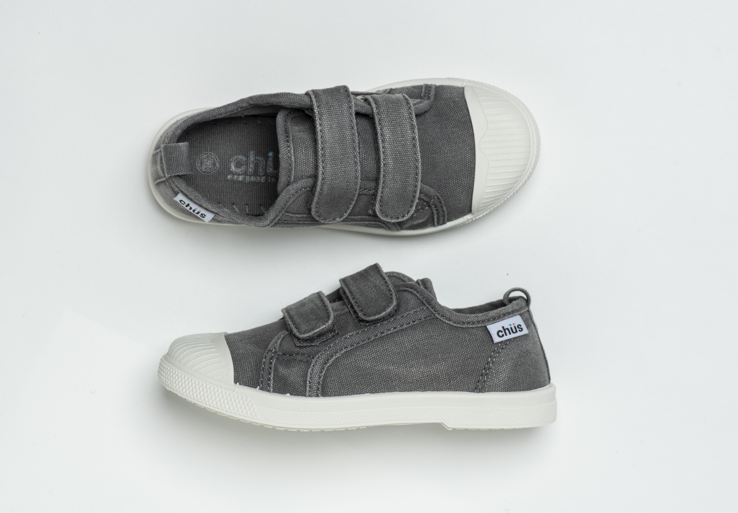 Distressed grey canvas sneakers with double velcro straps. Chus Shoes. Top view.