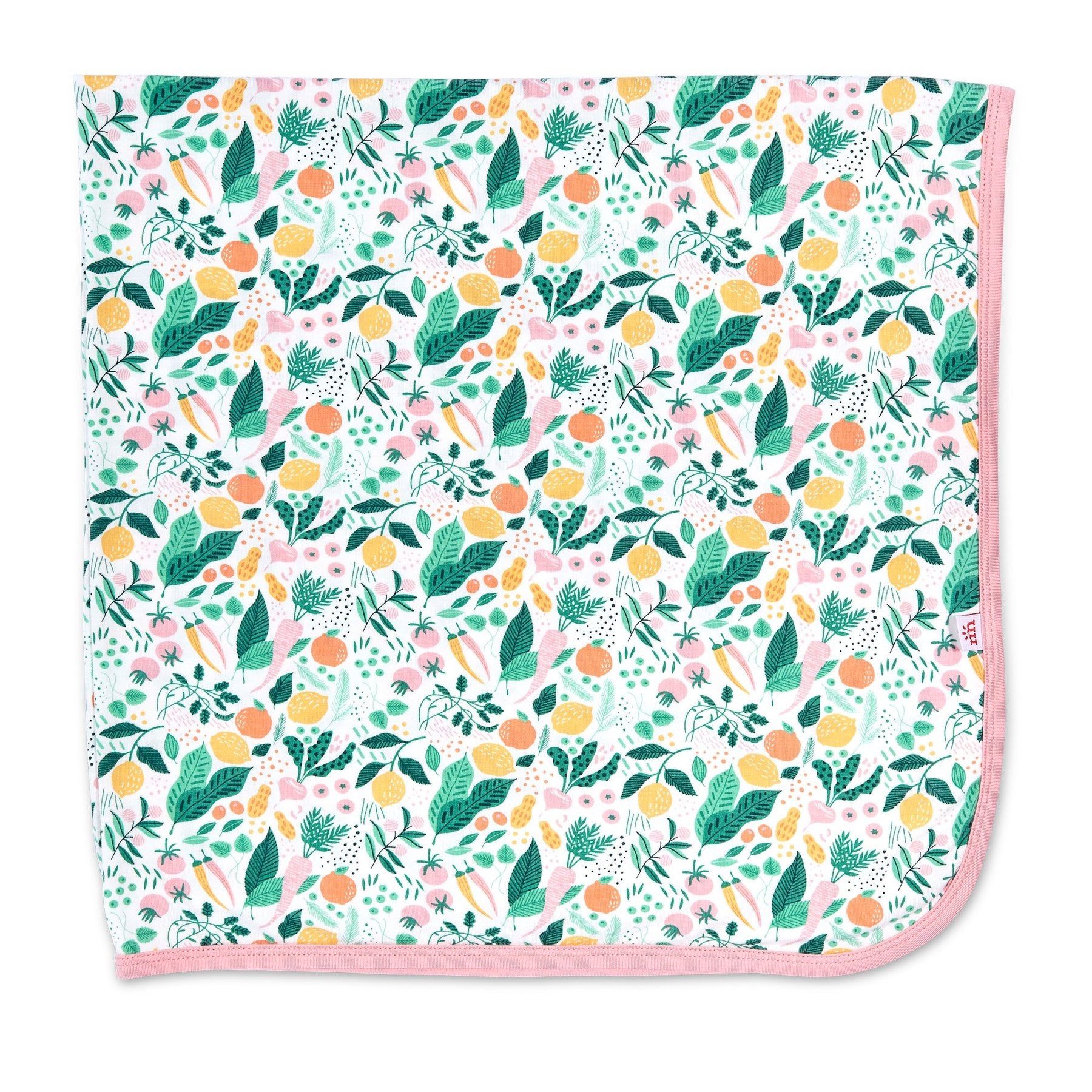 A cheerful fruit and vegetable printed modal swaddle baby blanket in yellow, orange, shades of green and pink.