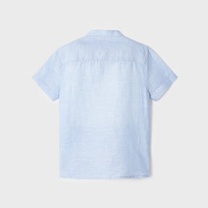 Boys Mandarin Collar Linen Short Sleeve Button Front Shirt | Light Blue