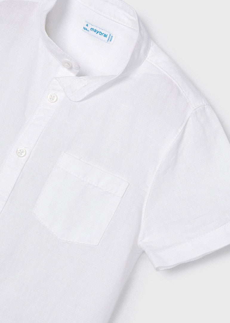 Boys Mandarin Collar Linen Short Sleeve Button Front Shirt | White