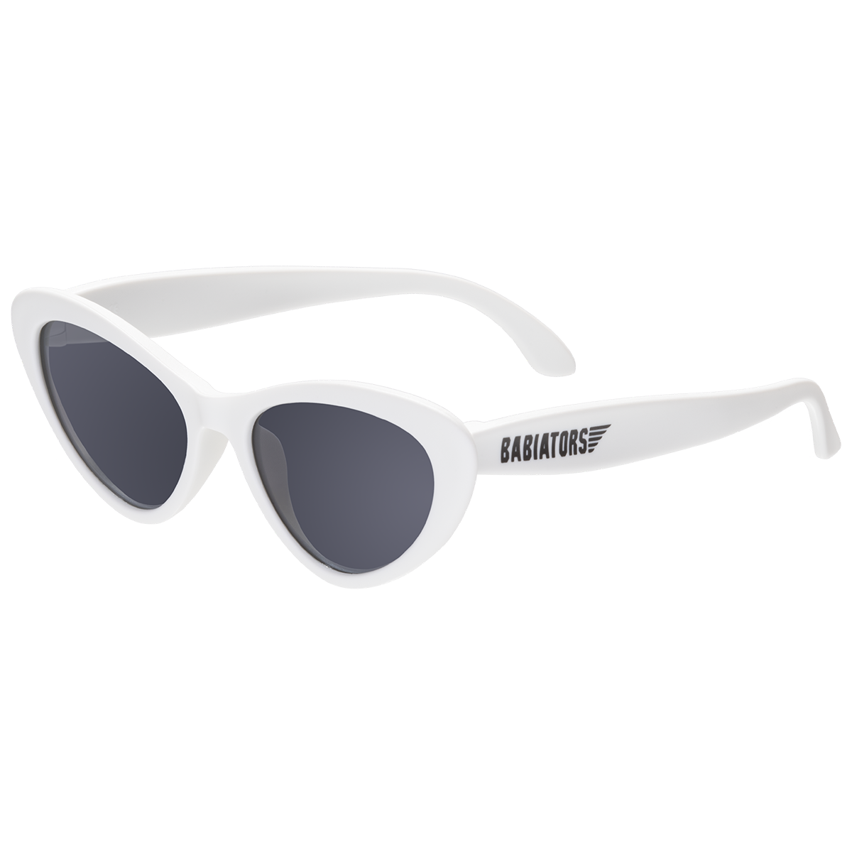 Cat eye shaped baby and toddler sunglasses -- in "wicked white". 100% UVA and UVB protection. Babiators
