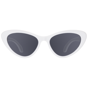 Cat eye shaped baby and toddler sunglasses -- in "wicked white". 100% UVA and UVB protection. Babiators. Front view.
